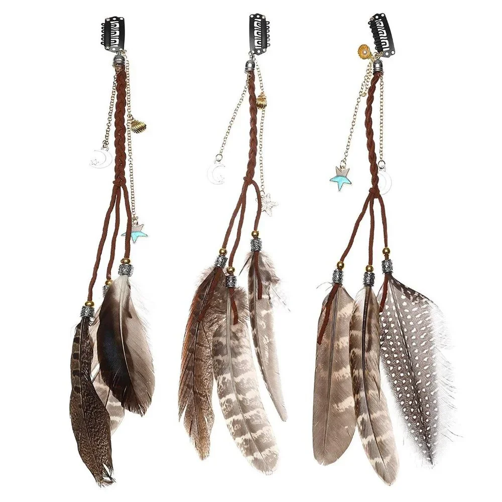 Handmade Bohemian Feather Hair Extension Clip with Beads & Chains